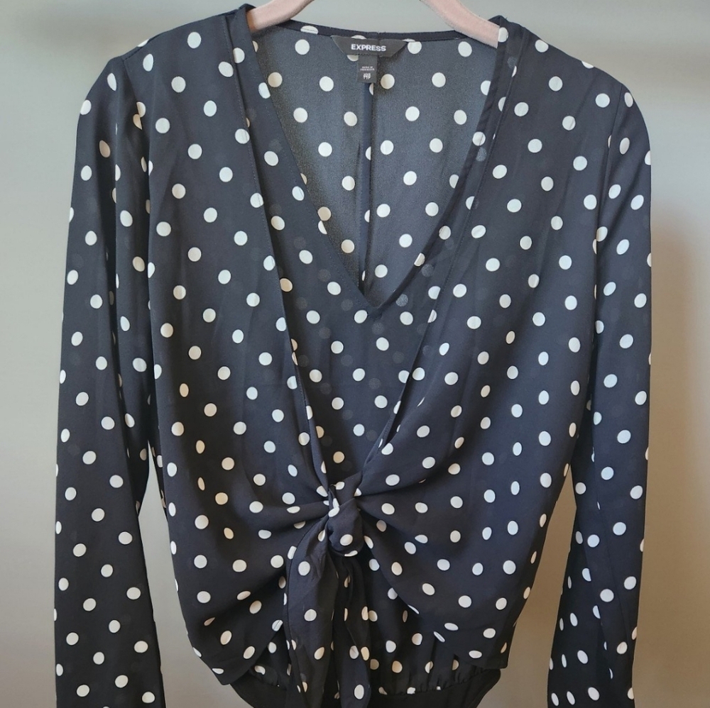 Express Navy Blue & White Polka Dot Tie-Front Bodysuit (XXS)